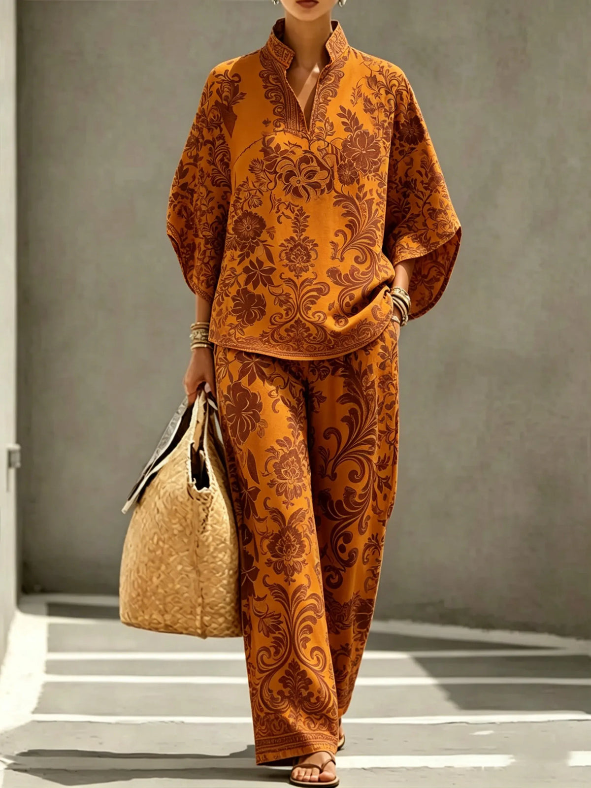 CAMBIAGO - Completo pantaloni dritti in cotone e lino stampato