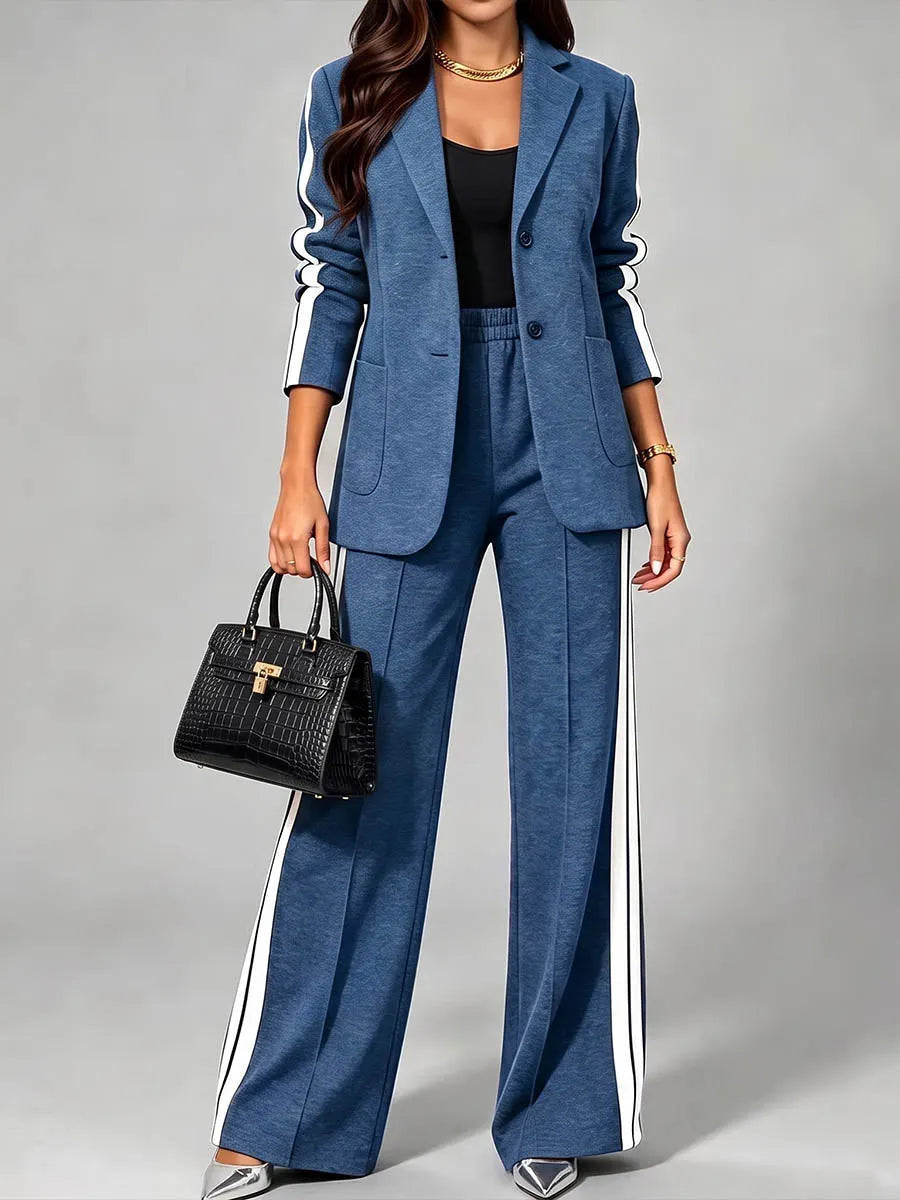 FOGLIANISE - Completo blu giacca colletto e pantaloni wide-leg