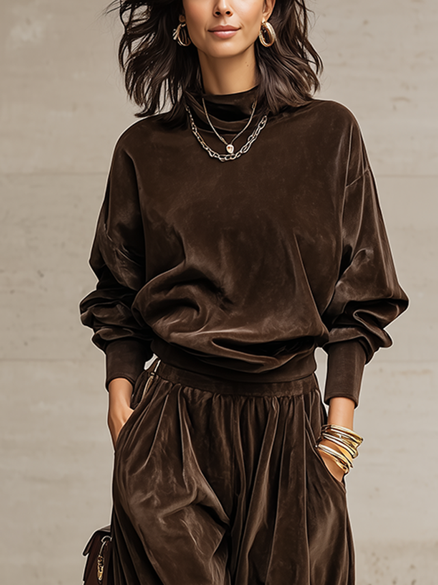 BALESTRINO - Completo marrone in velluto con top e pantaloni palazzo