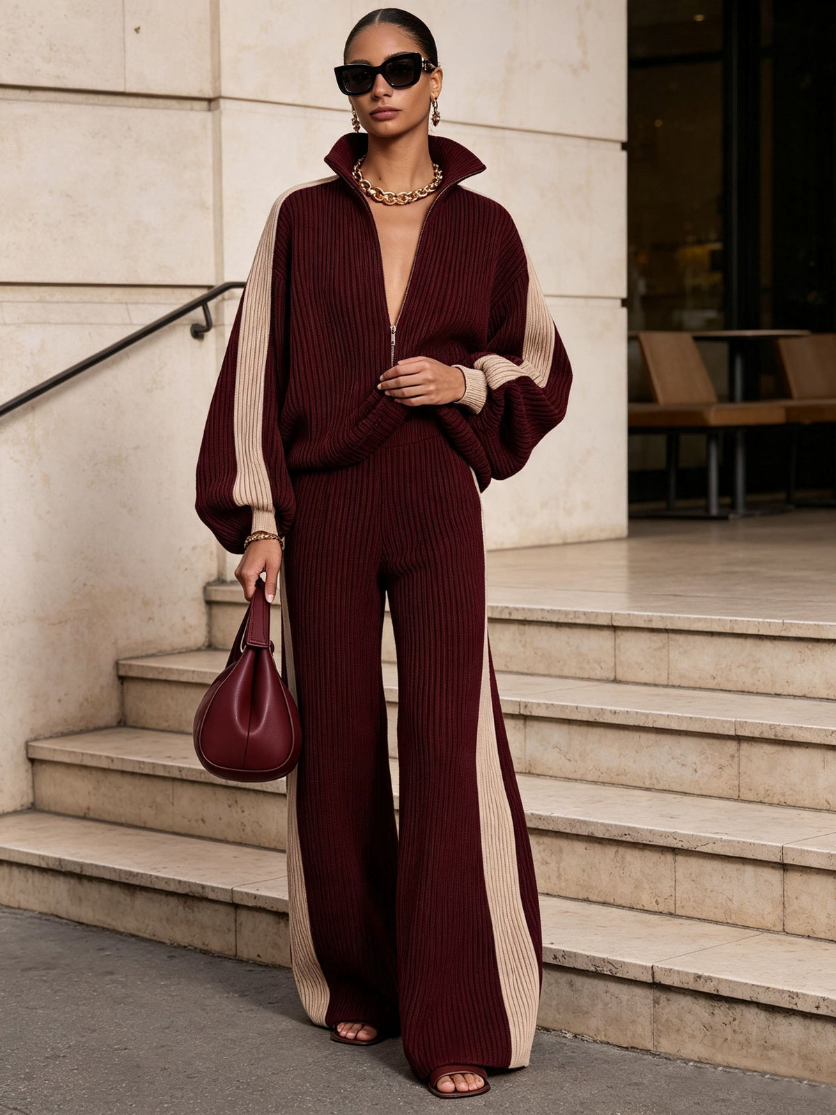 VOGHERA - Completo CLARET in maglia a coste con zip e pantaloni ampi
