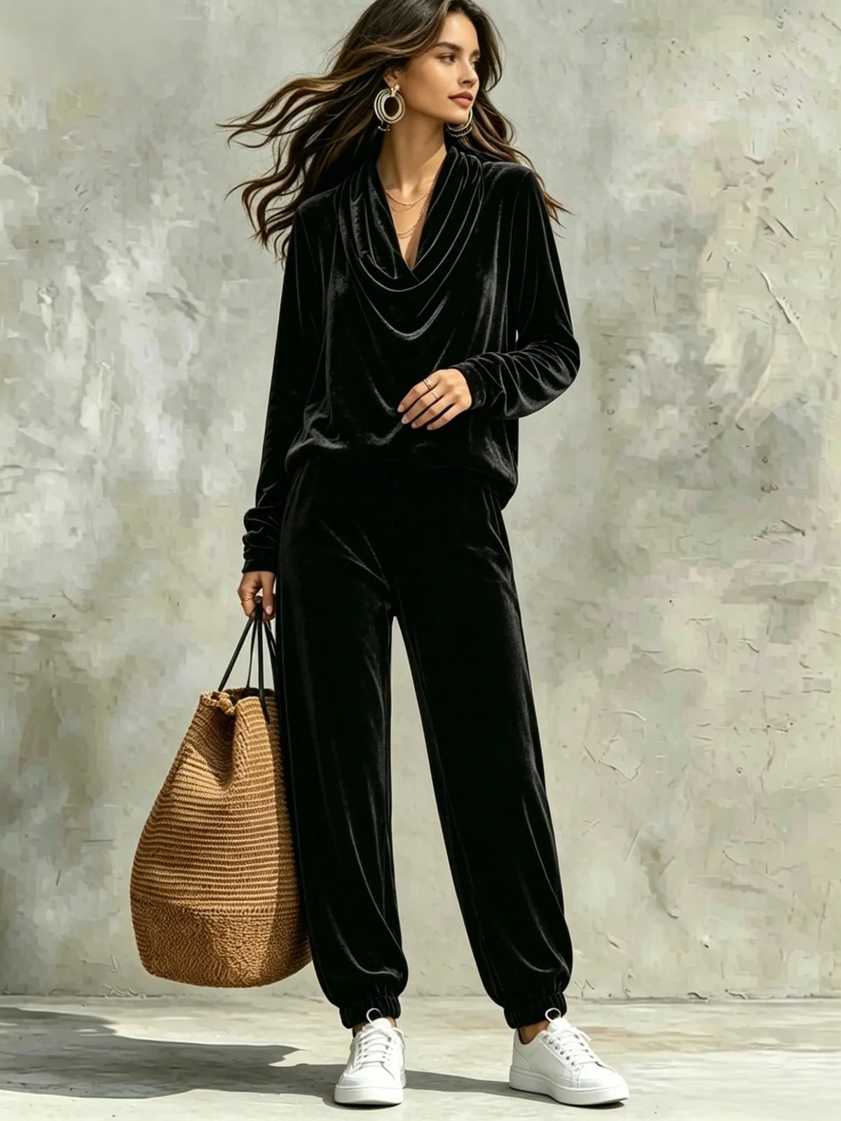 CIRIGLIANO - Completo in velluto con top cowl-neck e pantaloni