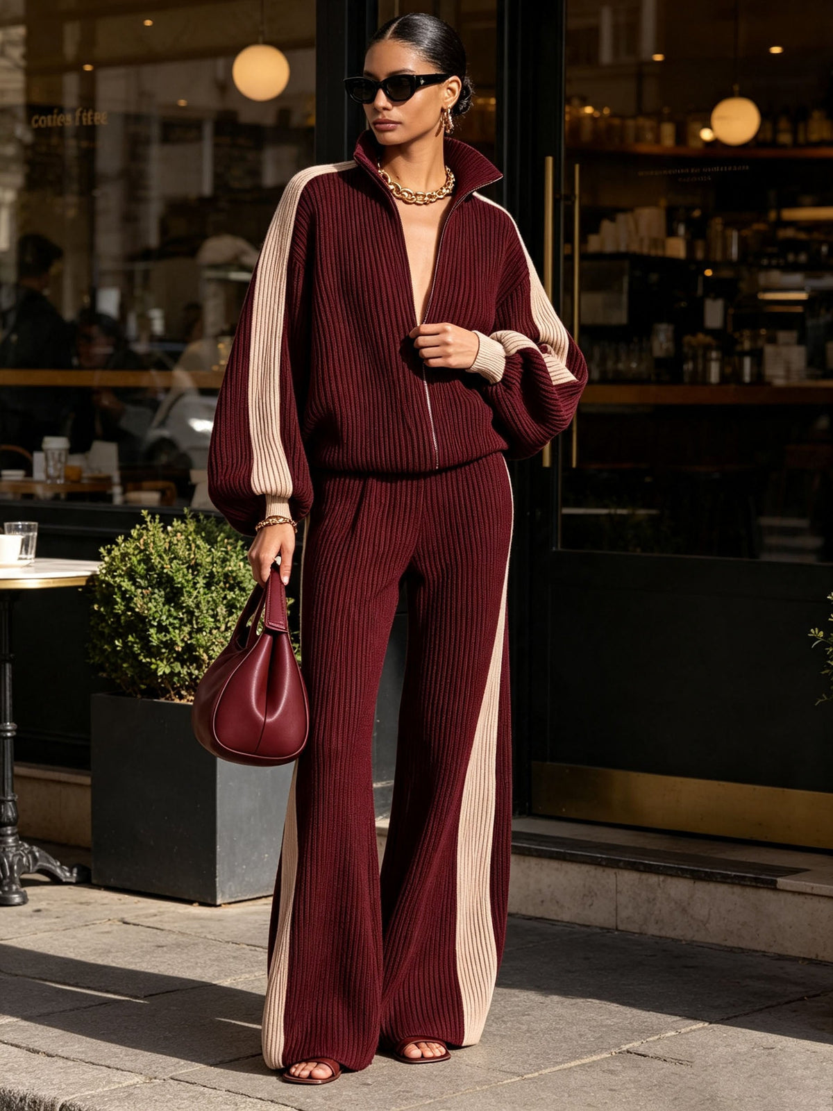 VOGHERA - Completo CLARET in maglia a coste con zip e pantaloni ampi