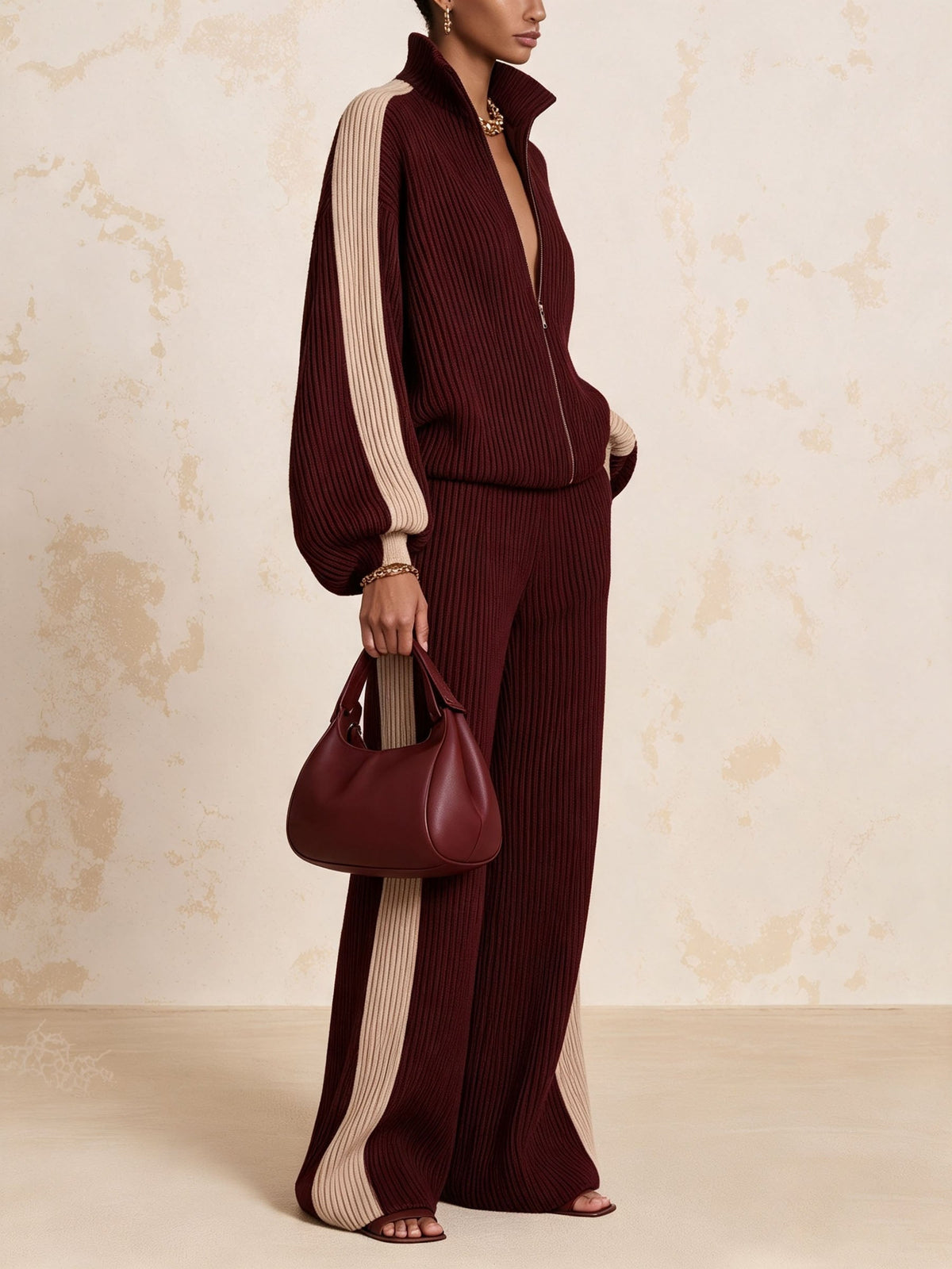 VOGHERA - Completo CLARET in maglia a coste con zip e pantaloni ampi