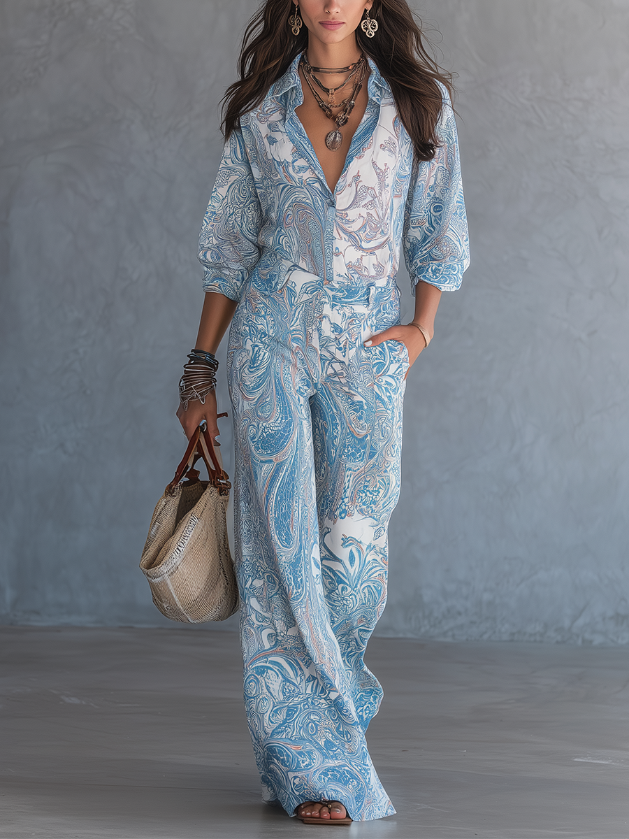 MARTIGNANO - to boho azzurro paisley con pantaloni ampi