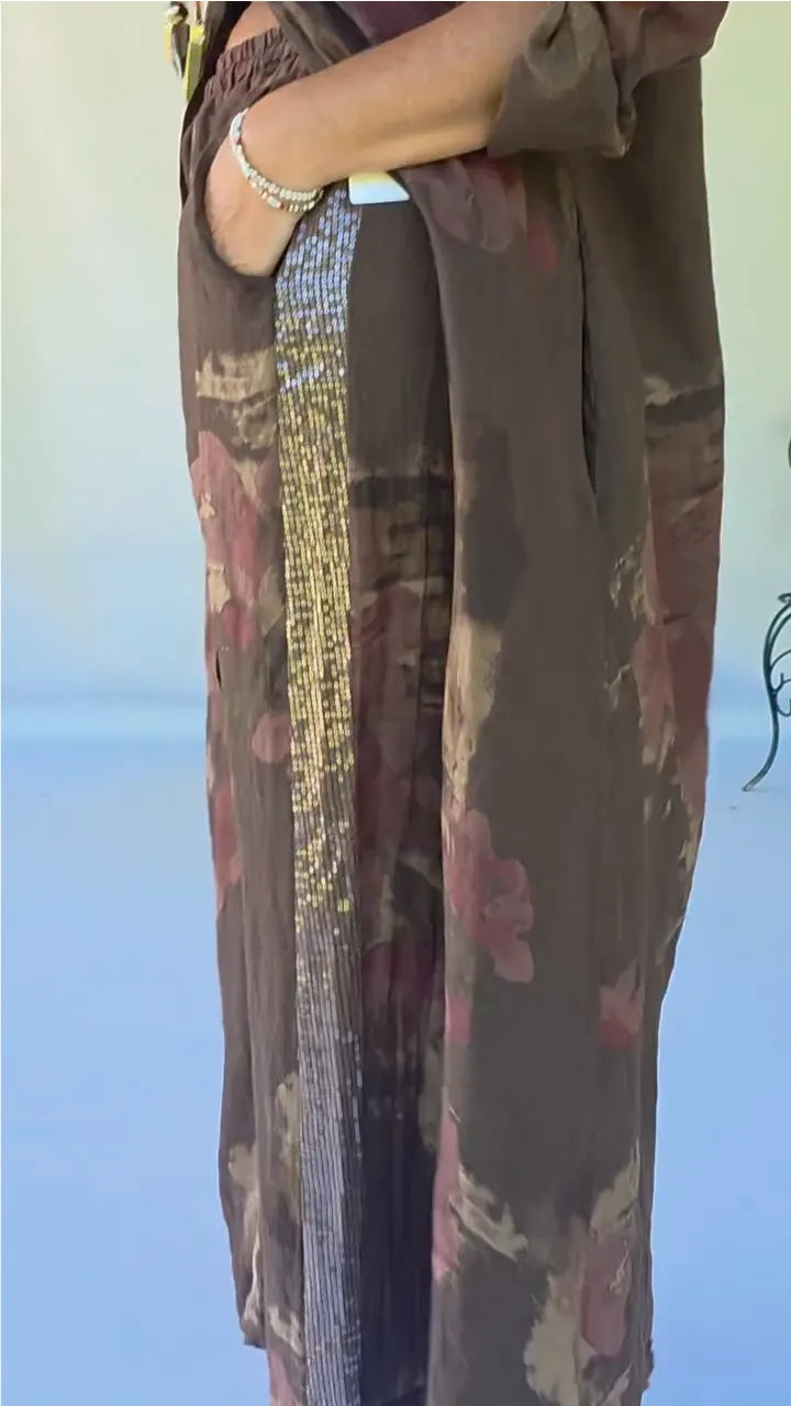 CELLARA - Completo marrone in cotone-lino con paillettes e patchwork