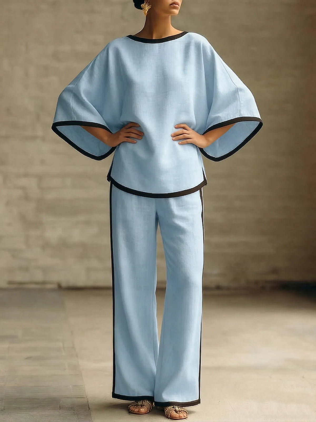 LOMAZZO - Elegant Trimmed Edge Loose Batwing Sleeve Two-piece Set