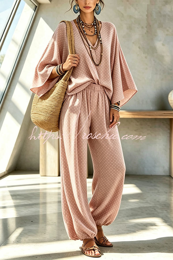 SOMAGLIA - Retro Style Polka Dot Print Batwing Sleeve Top and Elastic Waist Loose Jogger Pants Set