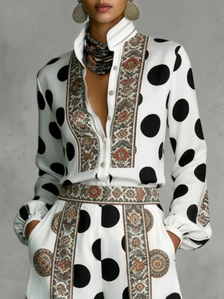 DORALICE - Blusa bianca a pois con collo alto e bottoni contrasto