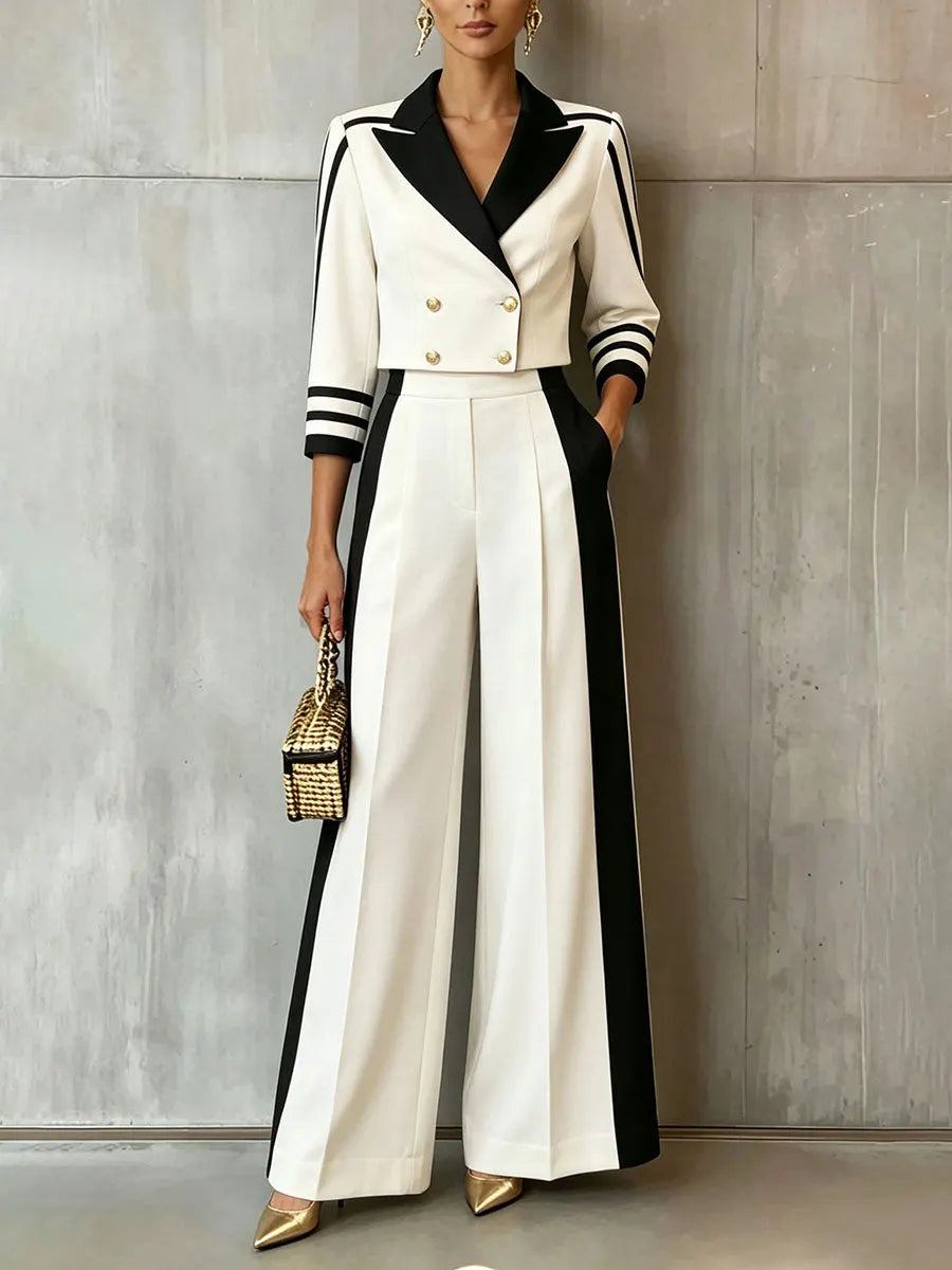 ROMBIOLO - Chic Sophisticated Black And White Colorblock Blazer And Trouser Suit