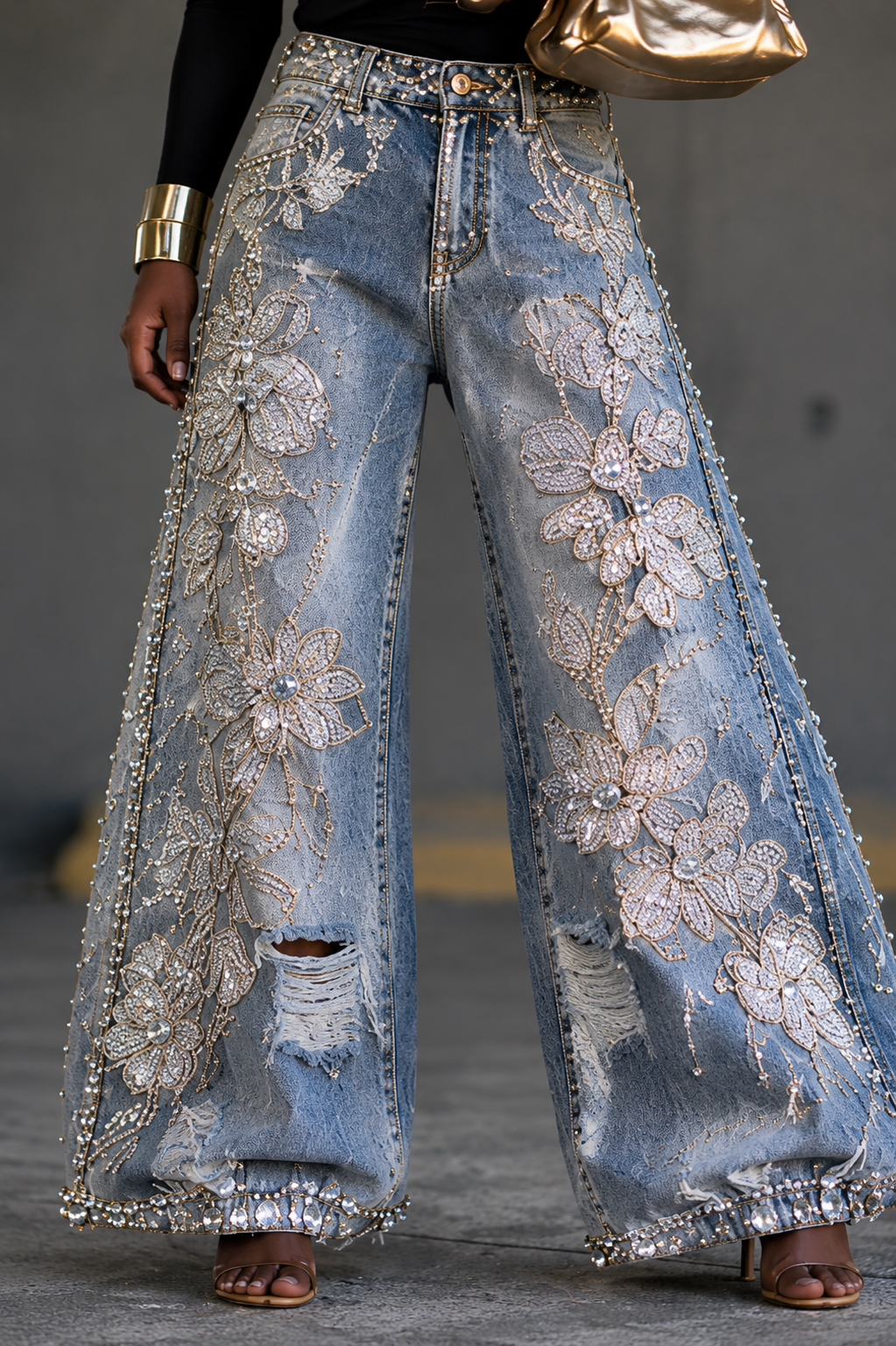 VERONA - Jeans blu wide leg con decorazioni floreali di perline