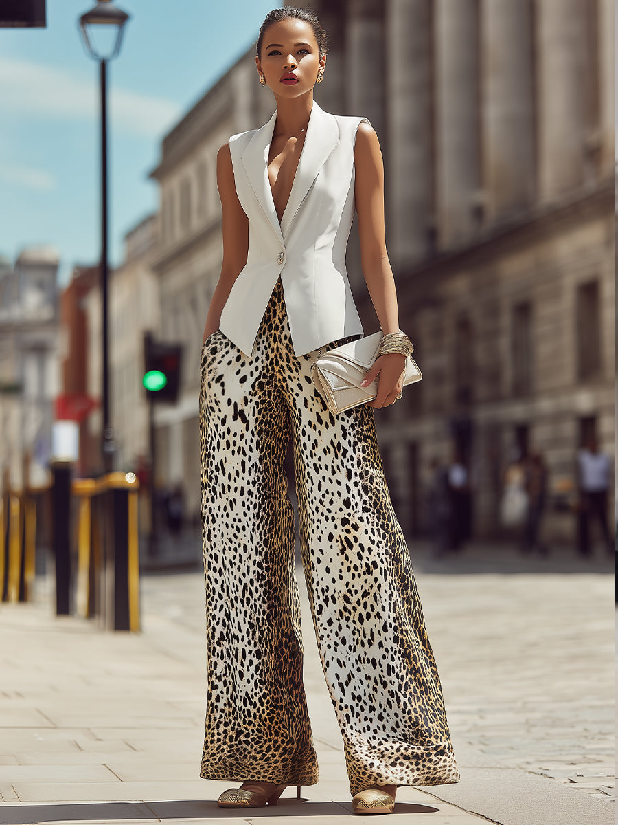 MONEGLIA - Completo blazer marrone gilet smanicato wide leg stampati