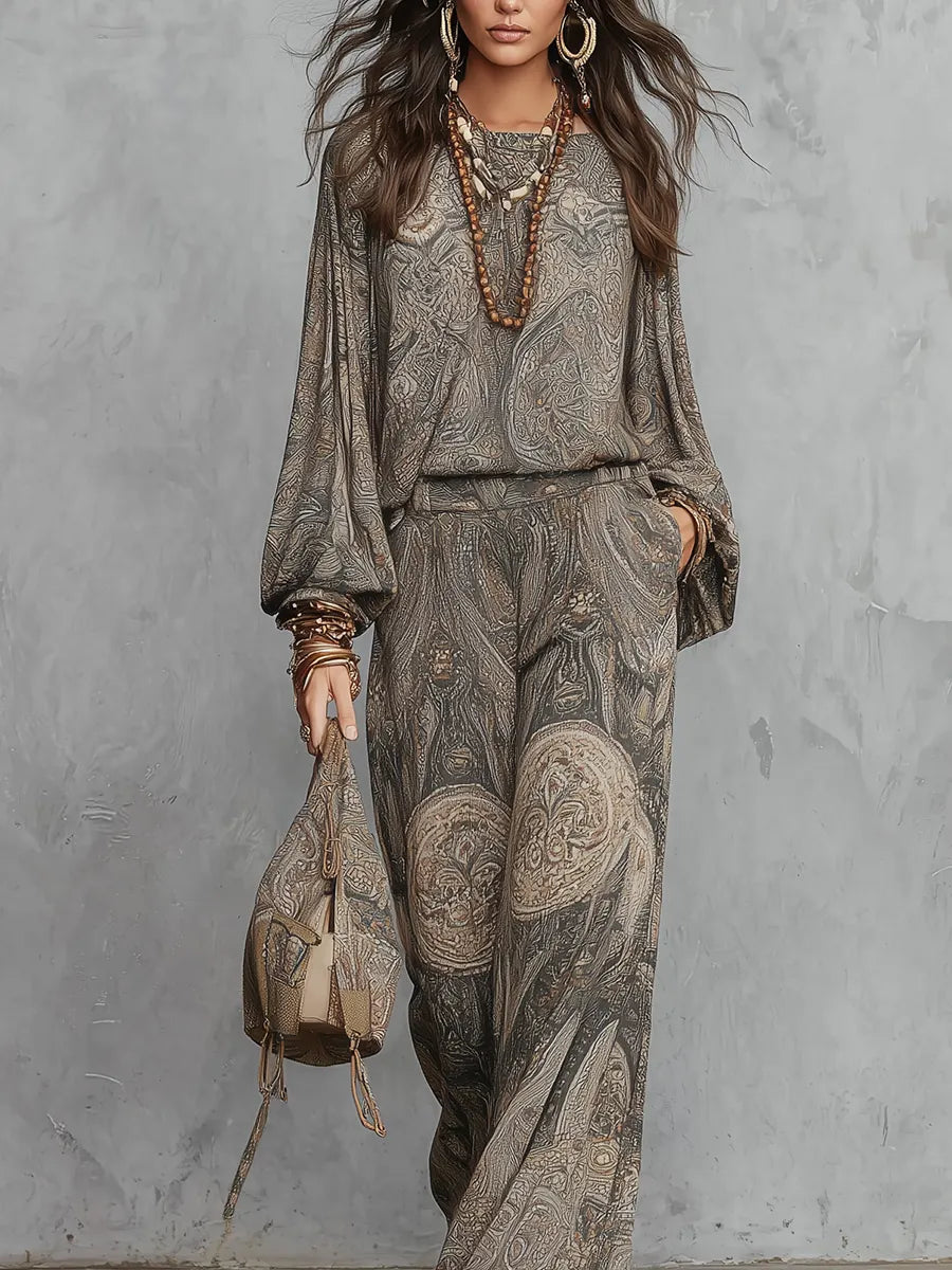 MOSSA - Bohemian Grey-brown Paisley Pattern Suit