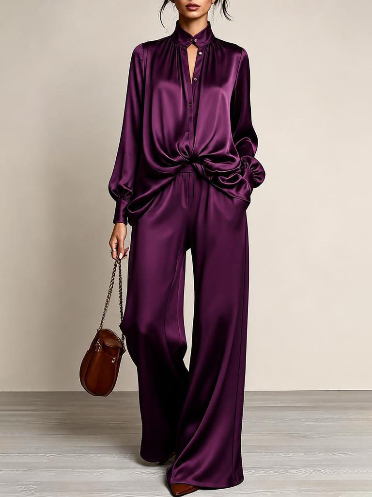AZZANELLO - Womens Satin Stand Collar Button Down Shirt High Waist Wide Leg Trousers Luxury Purple Two Piece Set Outfit