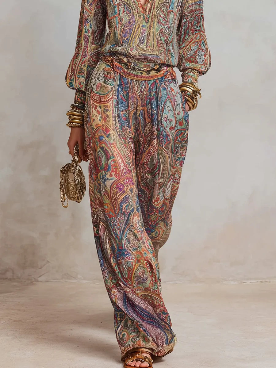 LINDA - Exquisite paisley print wide leg pantsuit