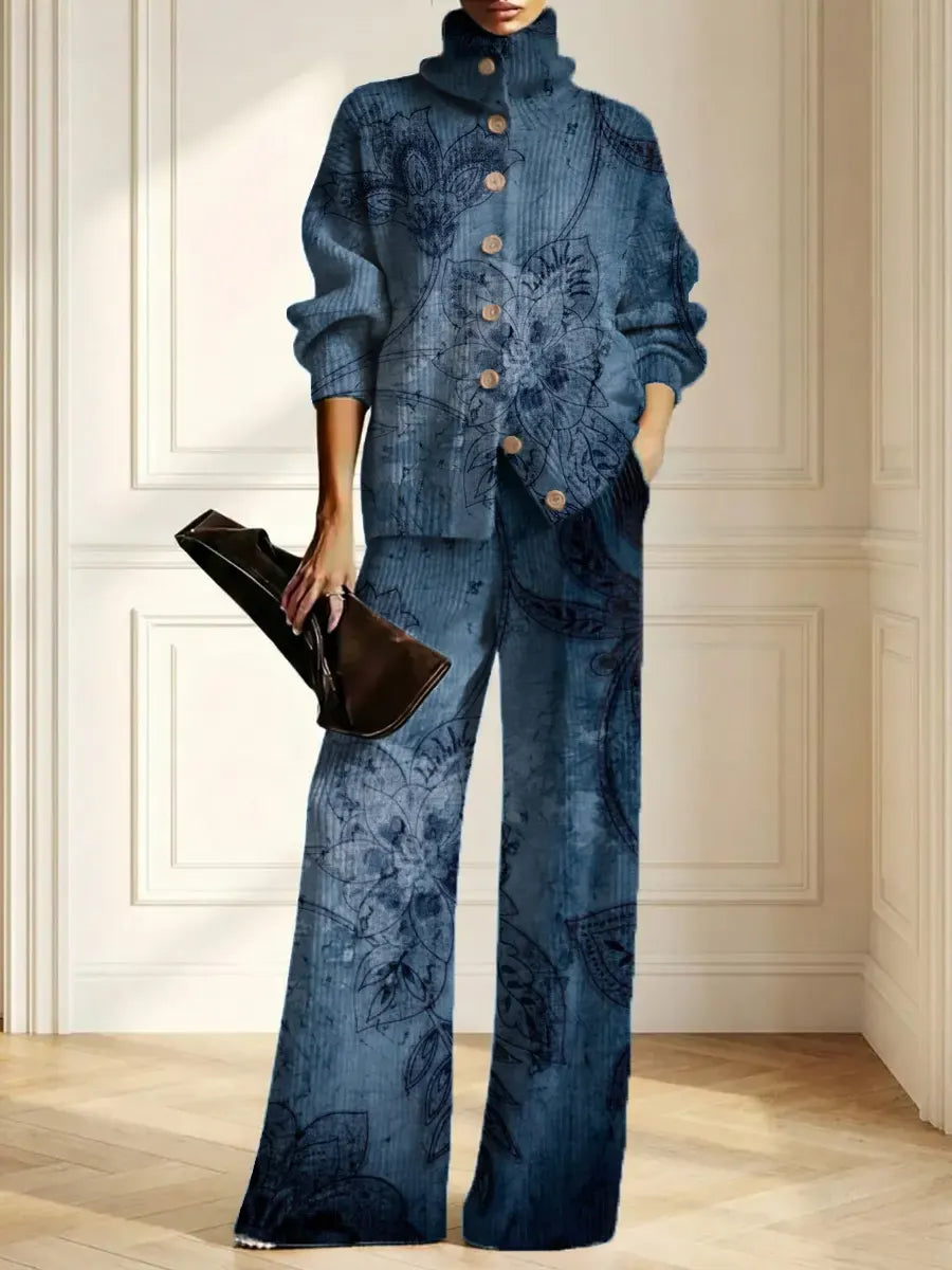 GRIMALDI - Completo in maglia blu con stampa floreale