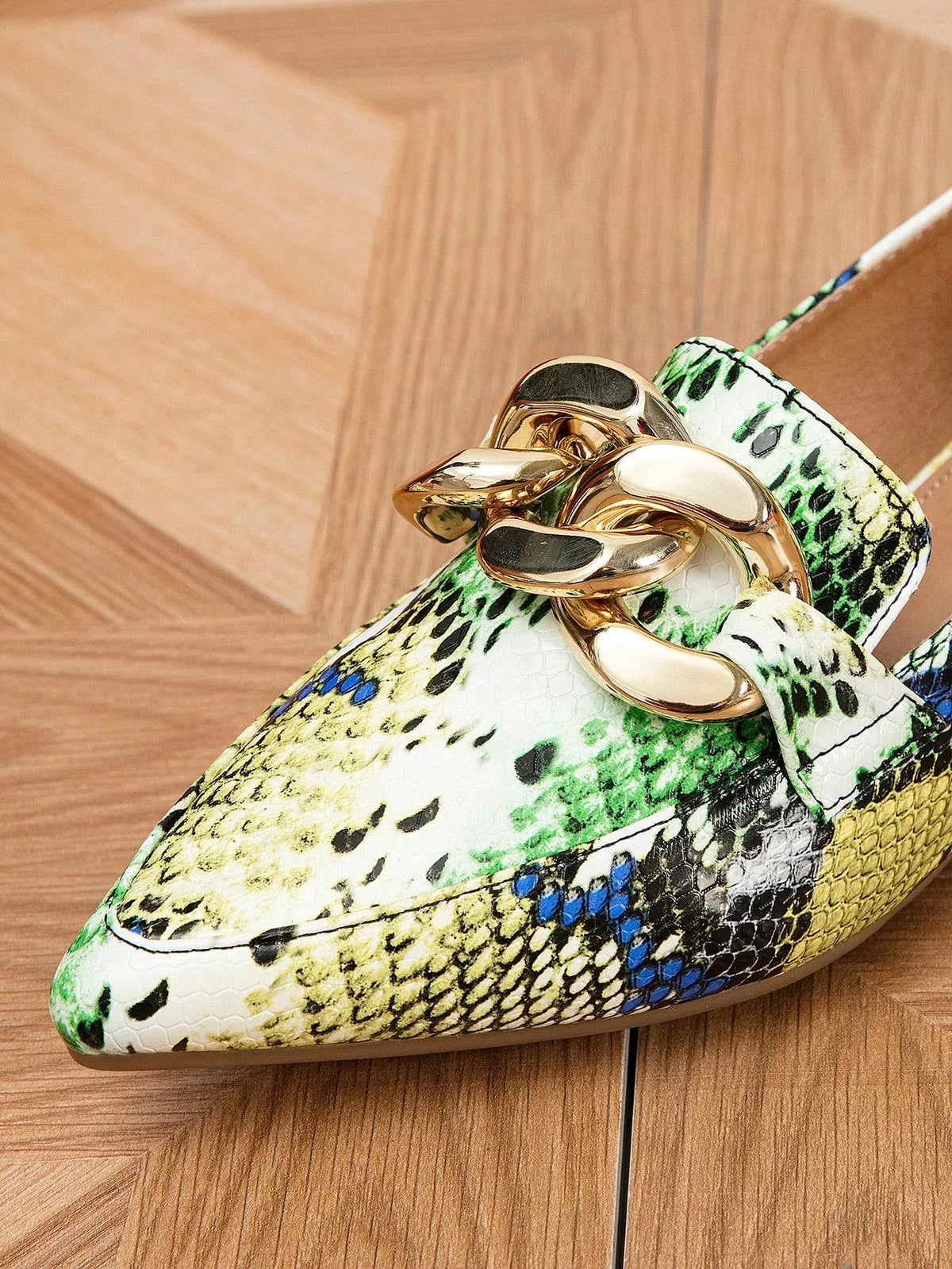 SELLANO - Mocassini colorblock effetto serpente con catena, flat slip-on