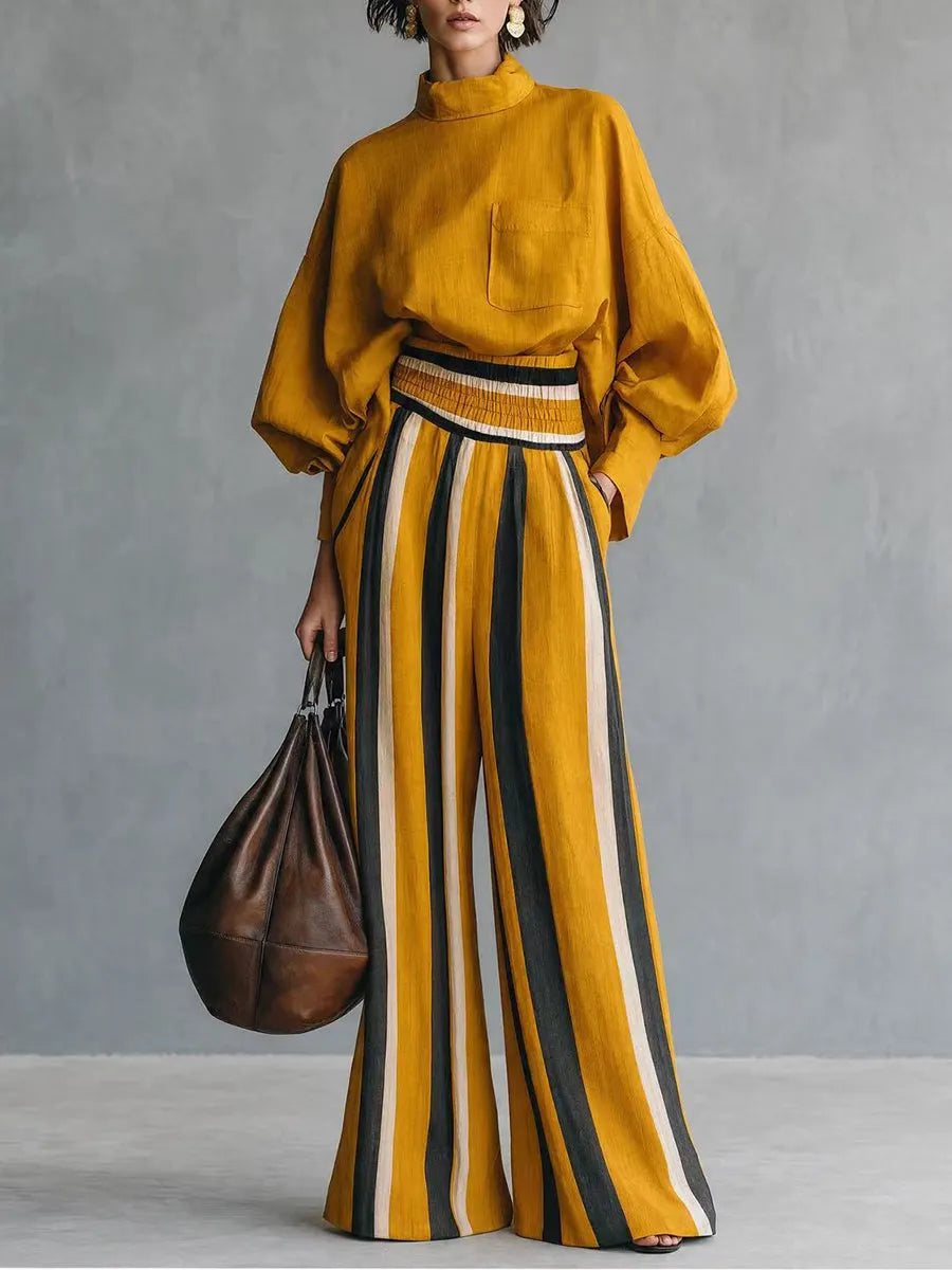 SELCI - Stylish Casual Two-piece Set Featuring A Linen-cotton Blend Top And Striped Wide-leg Trousers.