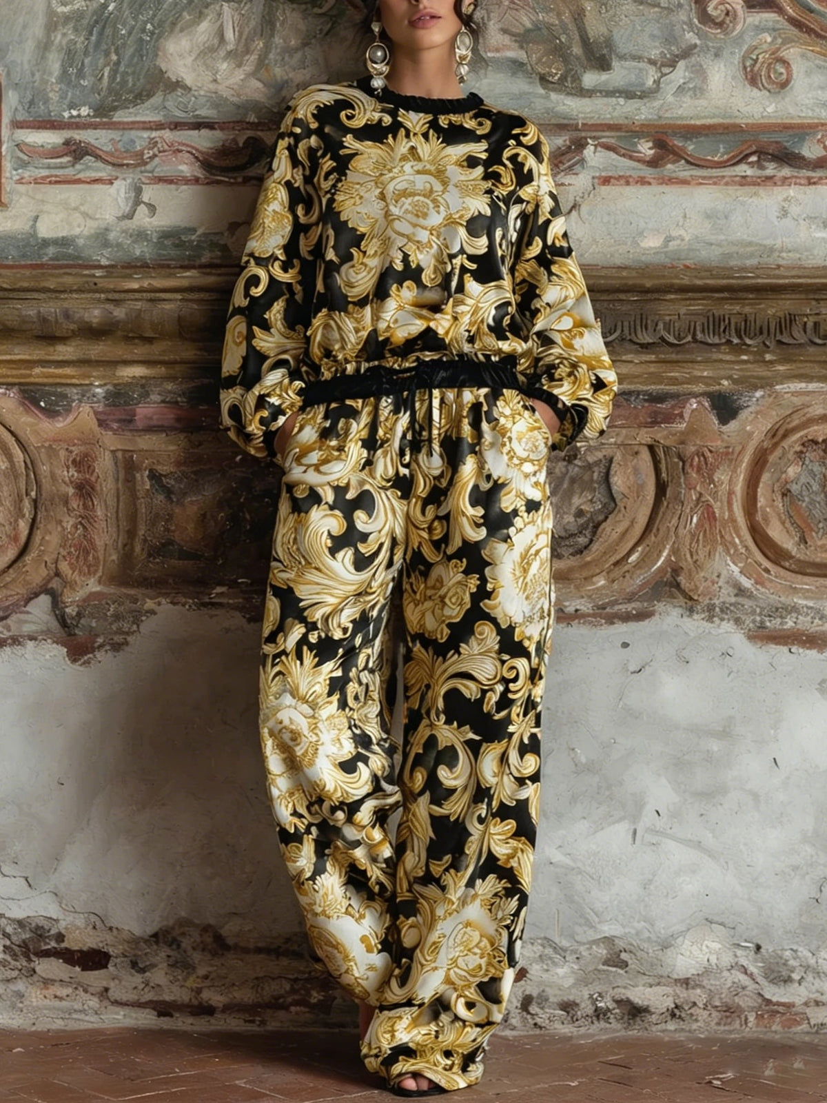 LURANO - Baroque Floral Print Long-sleeved Top And Wide-leg Pants Loungewear Set