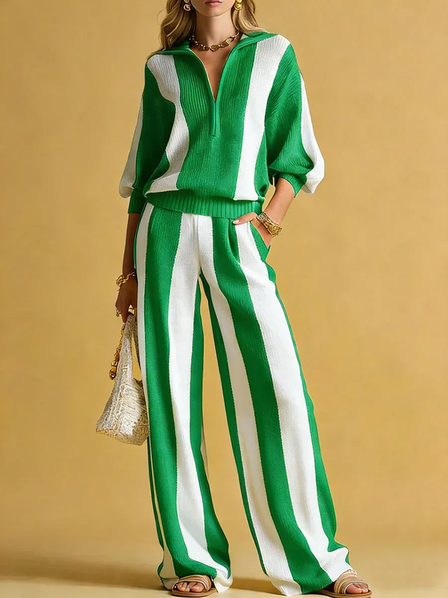 BRUNILDE - Completo in maglia rigata blu con cardigan e pantaloni ampi