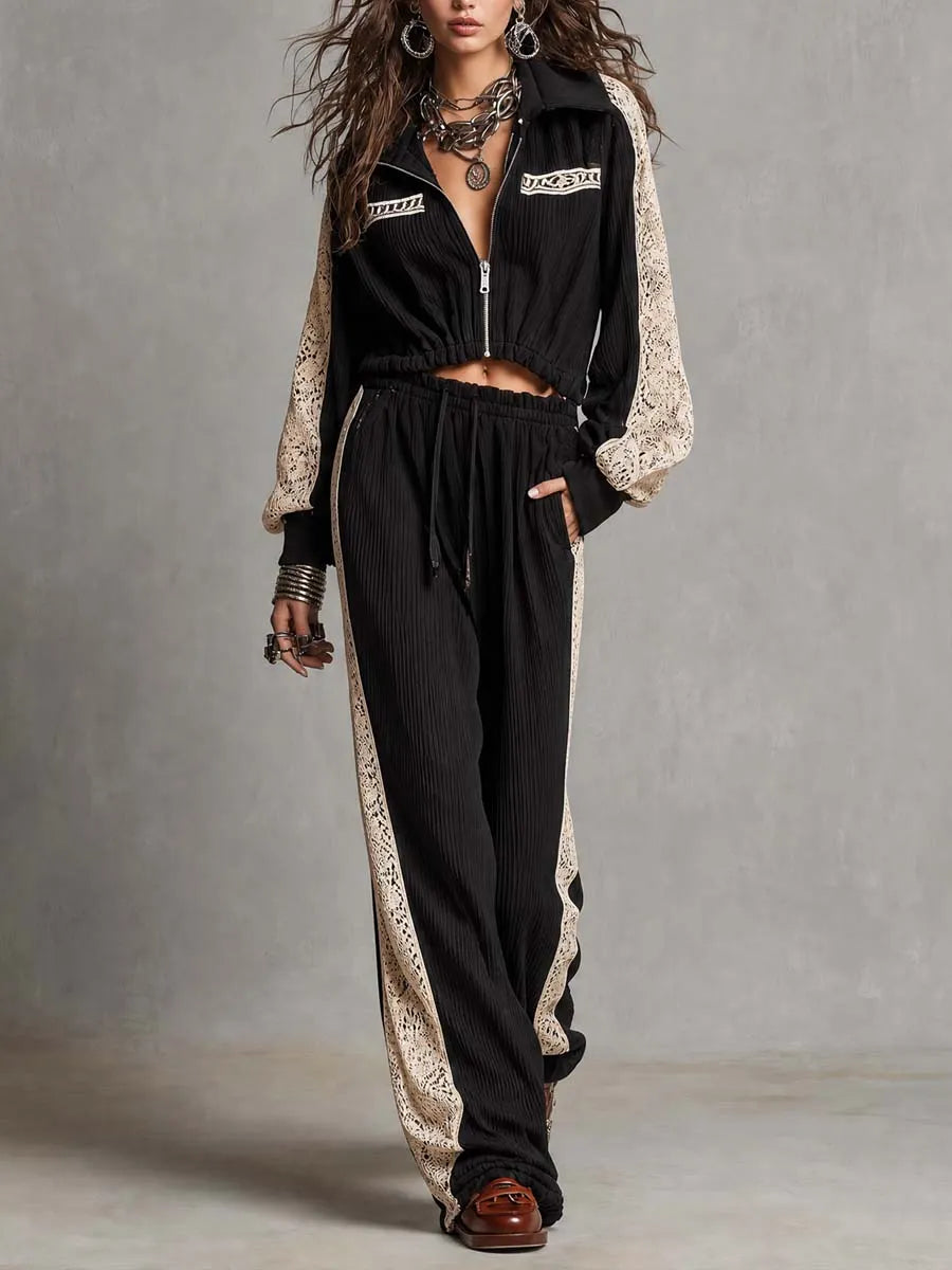MONTACUTO - Set nero in maglia a coste con pizzo e coulisse