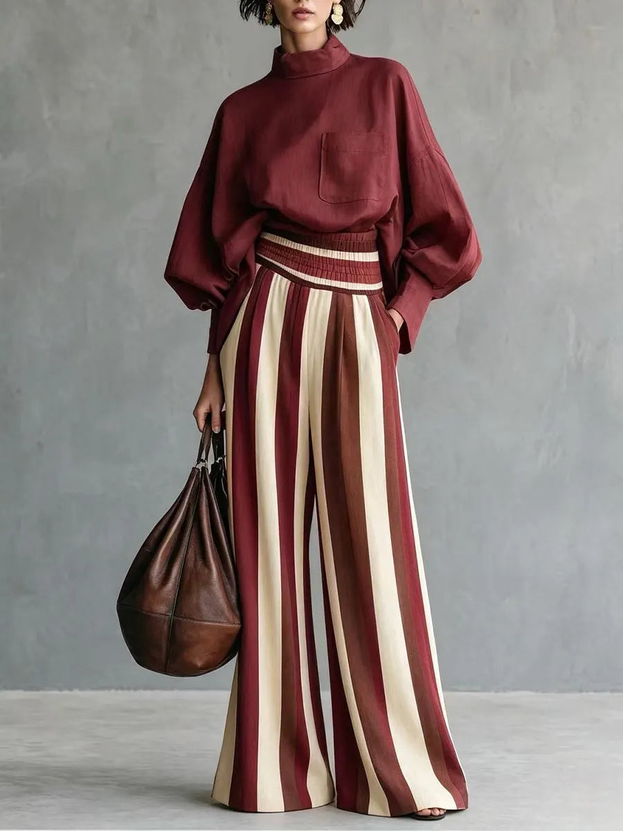 SELCI - Stylish Casual Two-piece Set Featuring A Linen-cotton Blend Top And Striped Wide-leg Trousers.