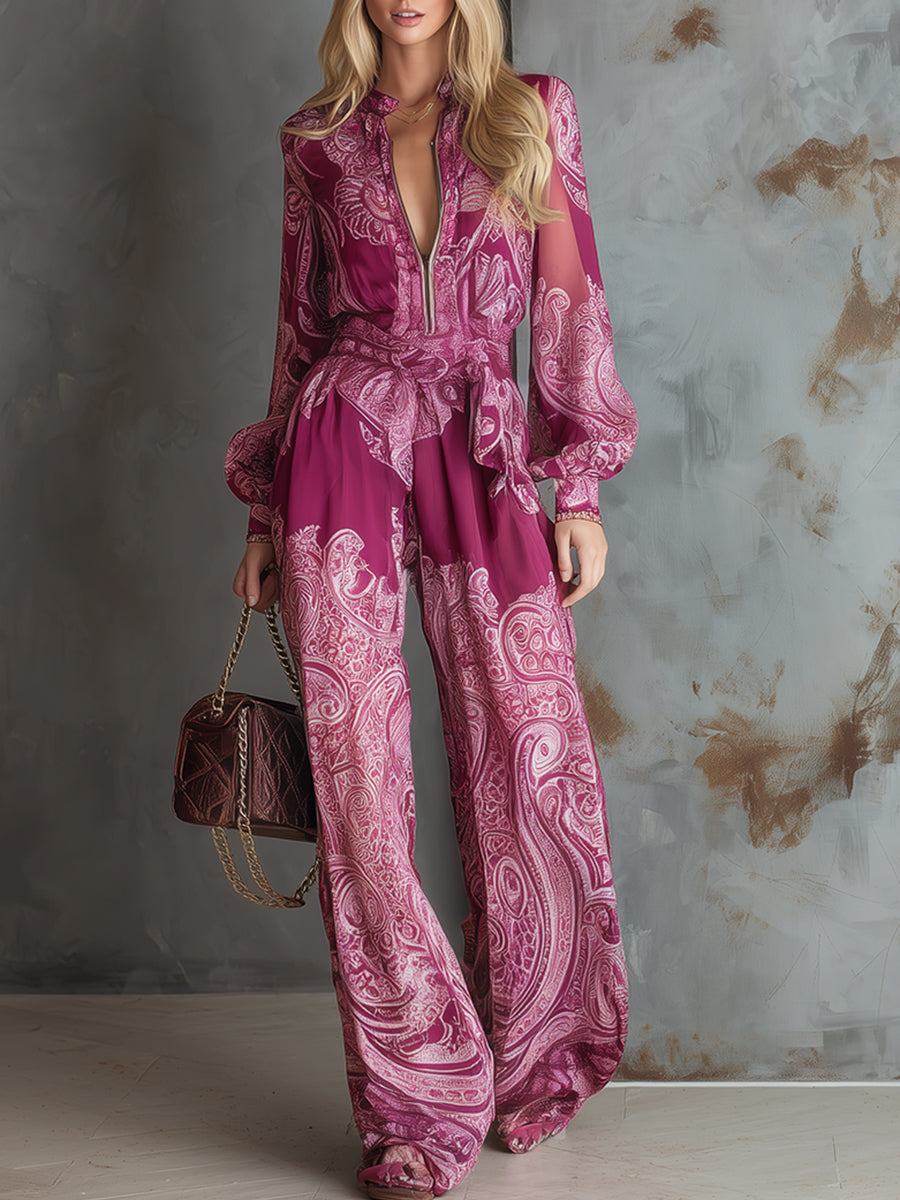LIMBIATE - Tuta fucsia in chiffon stampato a gamba ampia