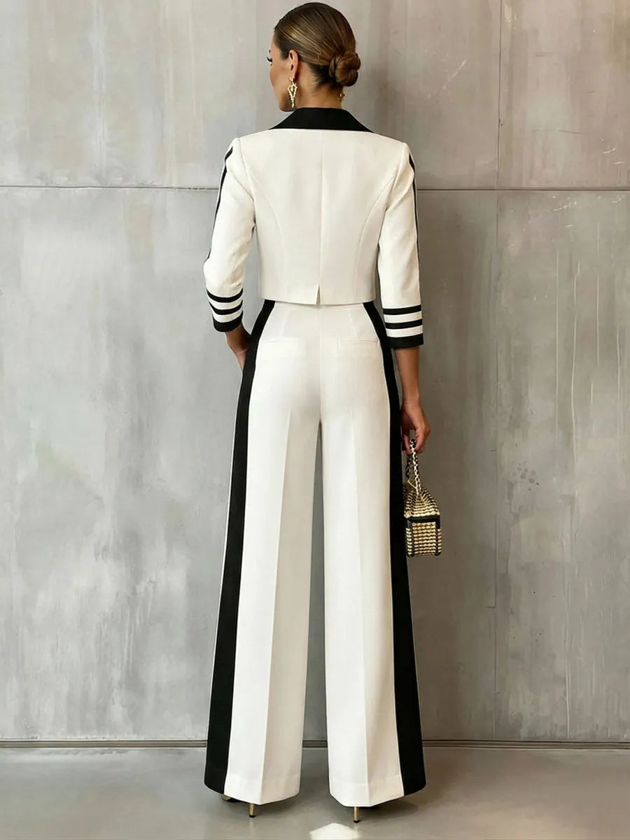 ROMBIOLO - Chic Sophisticated Black And White Colorblock Blazer And Trouser Suit
