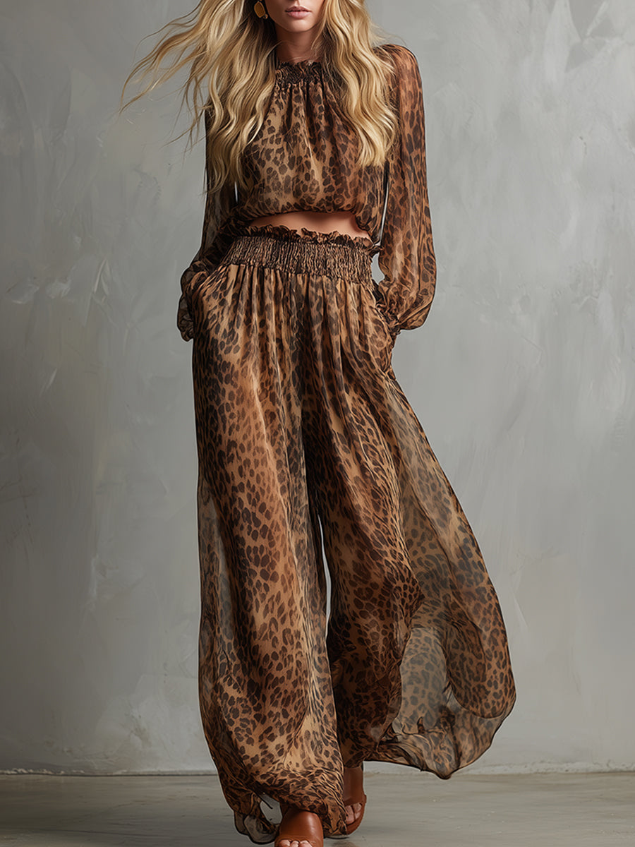 GOMBITO - Completo marrone leopardato con T-shirt e pantaloni ampi