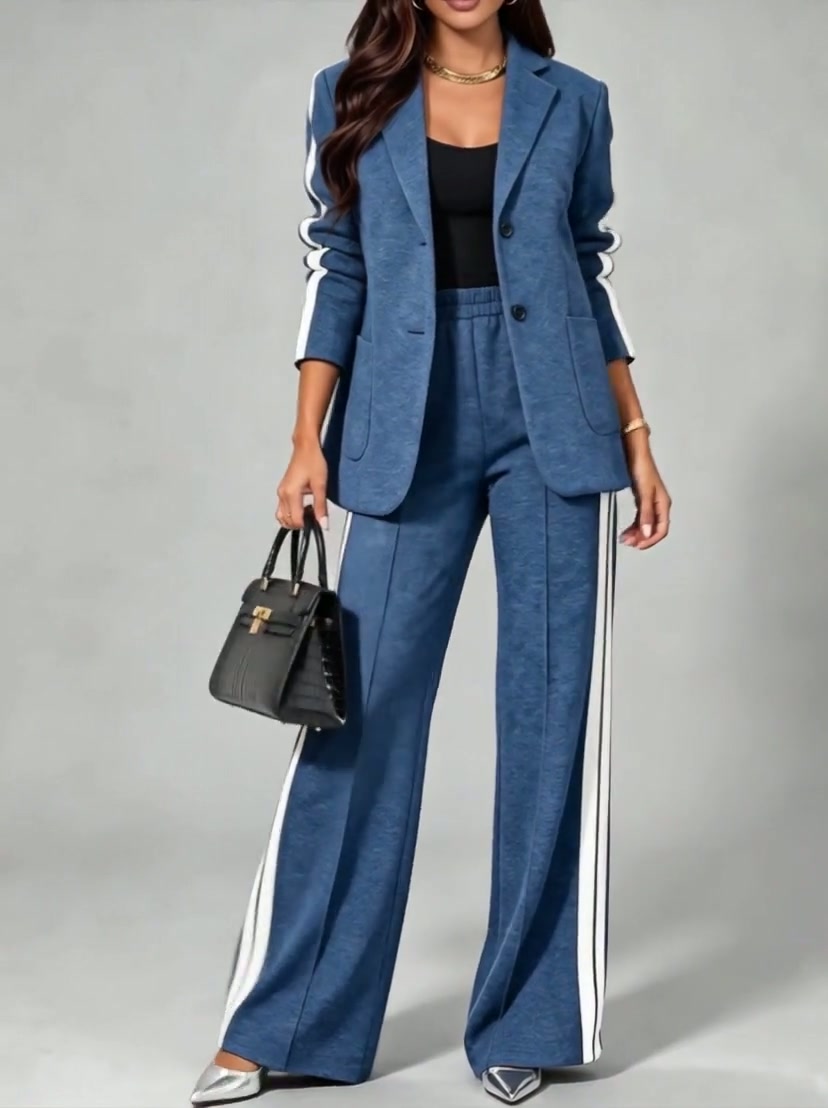 FOGLIANISE - Completo blu giacca colletto e pantaloni a gamba ampia