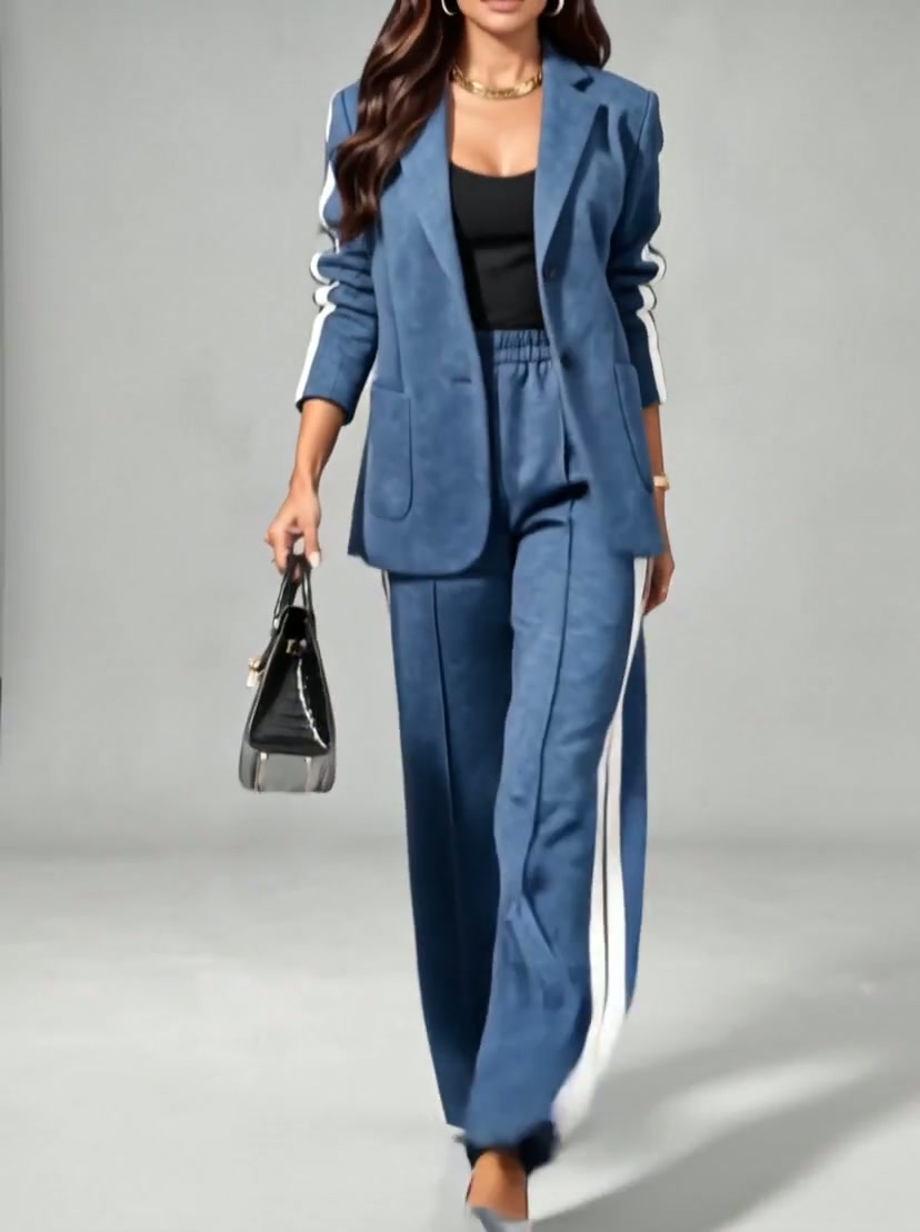 FOGLIANISE - Completo blu giacca colletto e pantaloni a gamba ampia