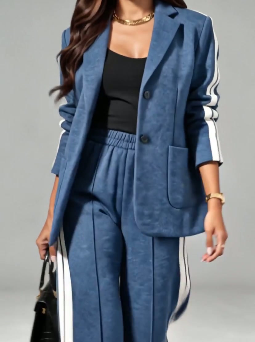 FOGLIANISE - Completo blu giacca colletto e pantaloni a gamba ampia