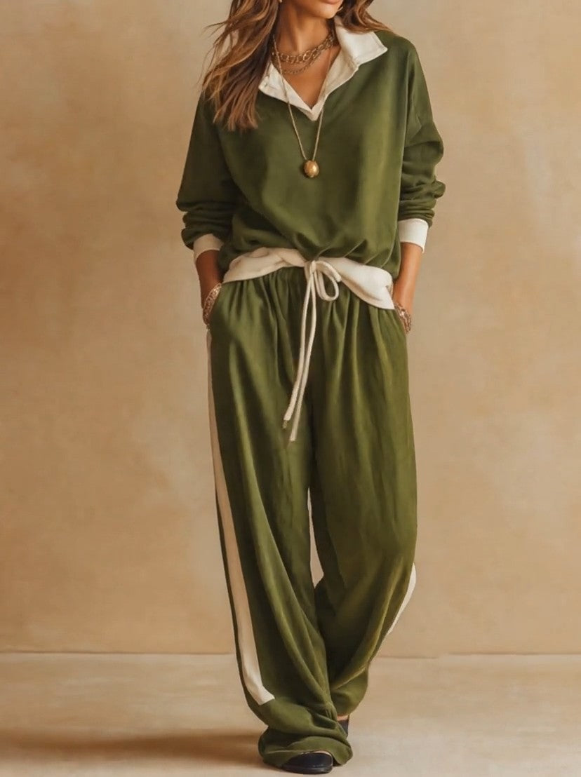 PICCIANO - Completo verde polo casual con pantaloni a gamba ampia — SHOT 1