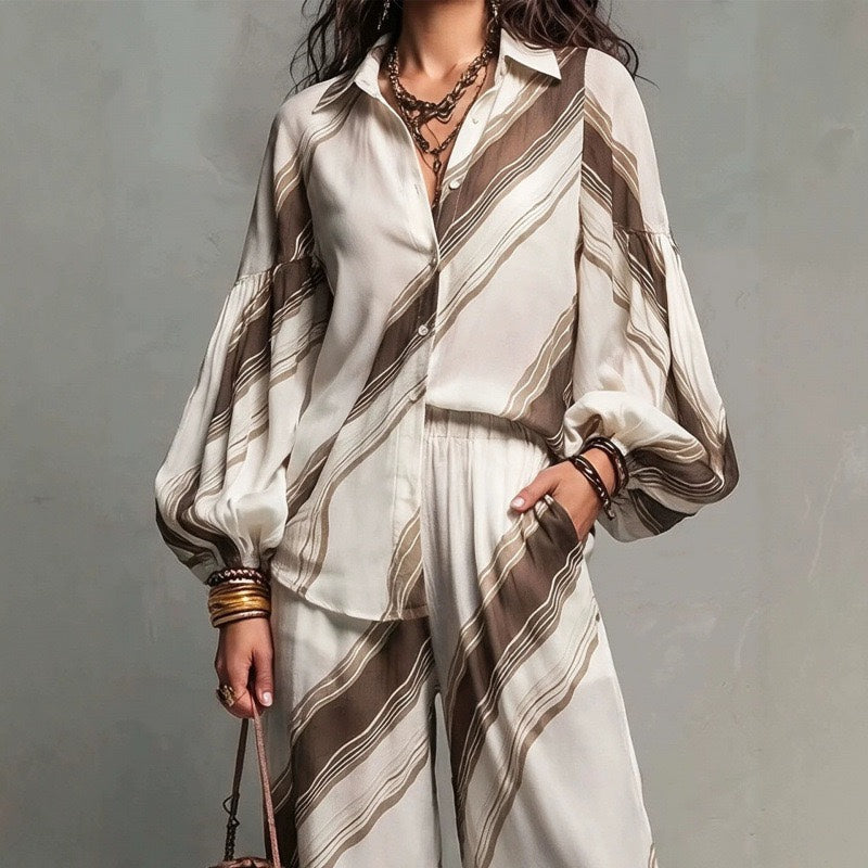 BEATRICE - Completo 2 pezzi rigato con camicia balloon e pantaloni palazzo