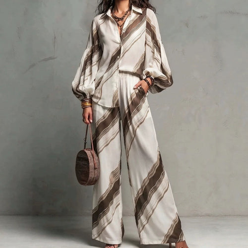 BEATRICE - Completo 2 pezzi rigato con camicia balloon e pantaloni palazzo