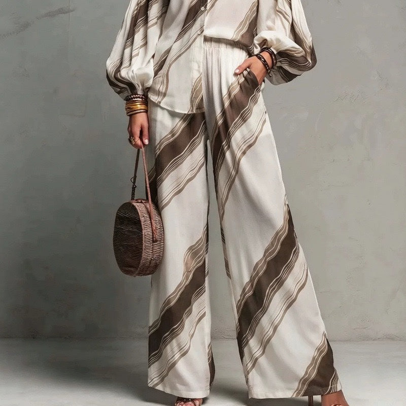 BEATRICE - Completo 2 pezzi rigato con camicia balloon e pantaloni palazzo