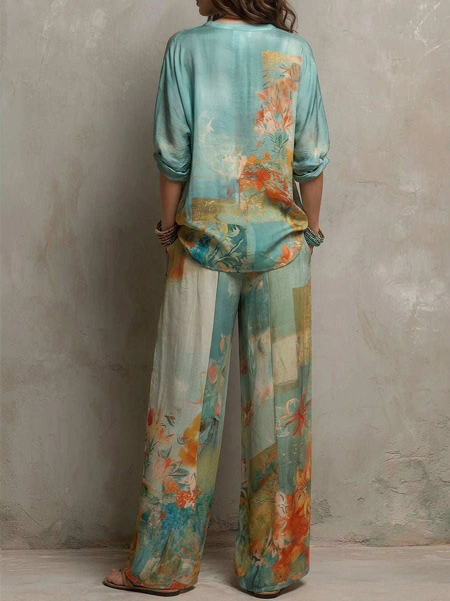GERENZAGO - Completo blu floreale con pantalone ampio